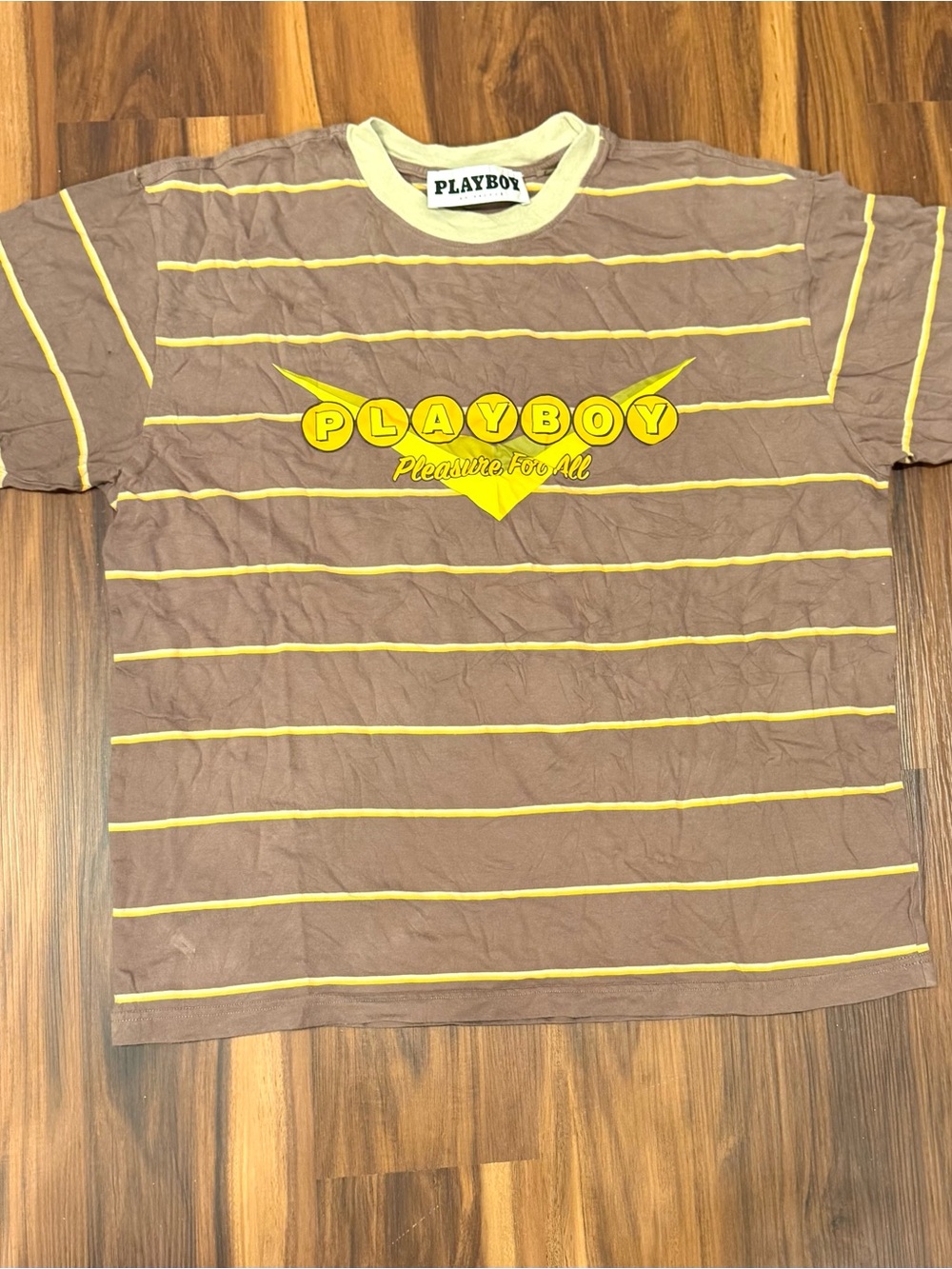 Vintage Playboy Striped Graphic Tee Brown Yellow Retro Y2K Streetwear